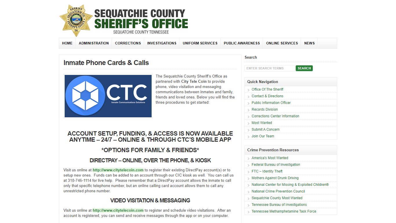 Inmate Phone Cards & Calls : Sequatchie County Sheriff's Office